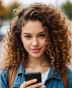 Close up portrait of a young girl with curly long hair is going to talk on cell phone outdoors