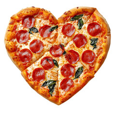 A heart-shaped pizza with pepperoni and wilted basil leaves isolated on transparent or white background, png