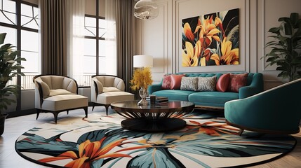 Integrate a bold area rug with an art deco pattern to anchor the space and add a touch of visual interestar