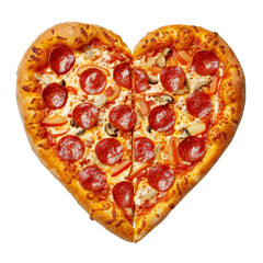 A heart-shaped pizza with toppings of pepperoni, mushrooms, and sliced bell peppers isolated on transparent or white background, png