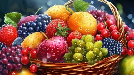 Basket with fresh fruits with water droplets, realistic feeling, very detailed, realistic brightness