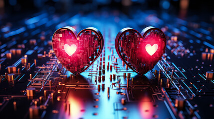 Futuristic concept of love and technology with glowing neon hearts on a circuit board, symbolizing Valentine's Day in the digital and social media age - obrazy, fototapety, plakaty