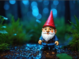 the figure of a garden gnome in the garden at night in the rain