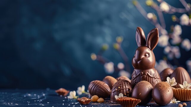 Delicious chocolate easter eggs ,bunny and sweets on dark blue background