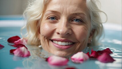 Mature woman with white hair smiling gently in a bath with rose petals, suggesting tranquility and self-care.