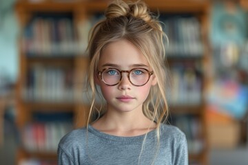 A studious girl with striking blue eyes gazes thoughtfully at a book on a crowded library shelf,...