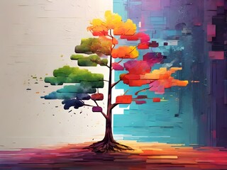 illustration of a colorful tree isolated in front of a white background
