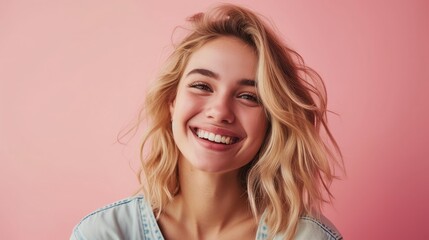 Fototapeta premium Pretty smiling joyfully female with fair hair, dressed casually, looking with satisfaction at camera, being happy