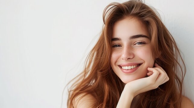 woman casual portrait in positive view, big smile, beautiful model posing in studio over white background