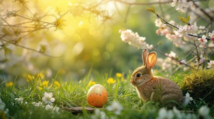 Fototapeta na wymiar Top veiw. Painted easter eggs and golden rabbit in the grass celebrating a Happy Easter in spring with a green grass meadow, cherry blossom and on rustic wooden bench to display