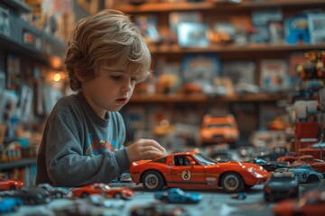 A curious young boy joyfully explores the endless possibilities of play as he imagines himself in the driver's seat of a toy car, surrounded by colorful shelves of miniature vehicles in a bustling to