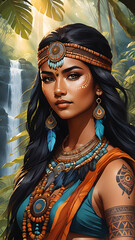 Full portrait in watercolor style of a tribal leader's daughter Ai Generative 