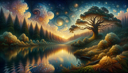 Fototapeta na wymiar Twilight Wilderness: Serene deepdream landscape with reflective lake and ancient trees.