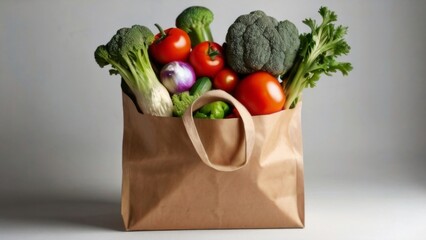Healthy food in paper bag vegetables on grey background