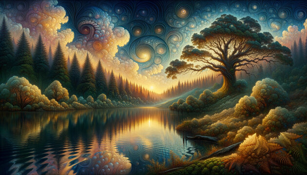 Twilight Wilderness: Serene deepdream landscape with reflective lake and ancient trees.