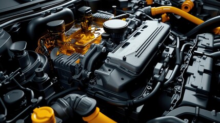 Fototapeta na wymiar 3D representation of lubricated car engine components during repairs.