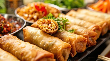 Egg roll display at a food festival, attracting food enthusiasts and connoisseurs