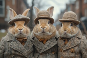 A stylish group of brown bunnies, wearing suits and hats, stand confidently outside a building, each holding a small toy in one hand while tipping their hats with the other, exuding an air of sophist