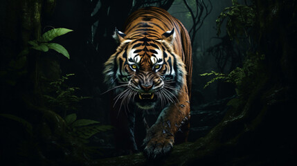 Fototapeta na wymiar Tiger in the dark forest with dangerous scary loo