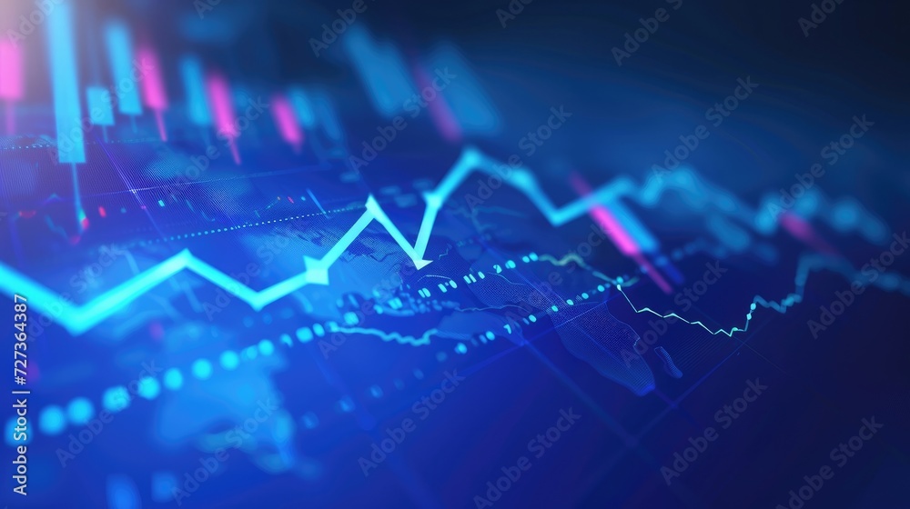 Wall mural An ascending line and arrows on a blue background represent a financial graph in the stock market. - Wall murals