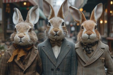 A dapper herd of domestic rabbits stand proudly in their tailored suits, their soft fur contrasting against the outdoor backdrop as they observe a person with curious heads held high