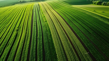 Vibrant green aerial view of cultivated farmland - obrazy, fototapety, plakaty