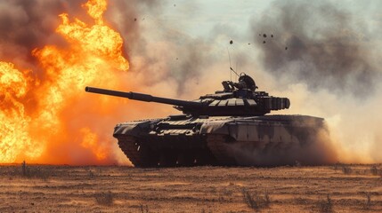 In a fiery desert battle, an armored tank bravely navigates a minefield during a war invasion. - obrazy, fototapety, plakaty