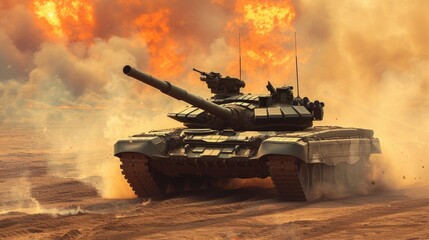 In a fiery desert battle, an armored tank bravely navigates a minefield during a war invasion. - obrazy, fototapety, plakaty