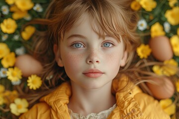 Fototapeta premium A young girl, adorned in yellow clothing, lies peacefully in a field of vibrant flowers, her portrait radiating both innocence and serenity