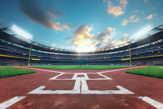 Professional baseball grand arena in sunlight
