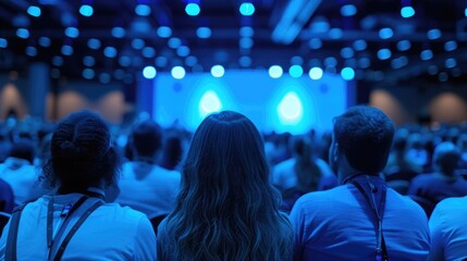 Attendees at a conference with a blue theme viewed from behind.