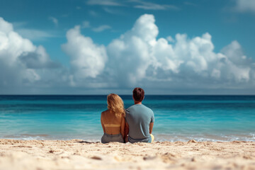 a couple, a man and a woman, as they sit side-by-side on a sandy beach during their vacation