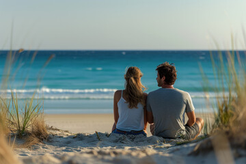 a couple, a man and a woman, as they sit side-by-side on a sandy beach during their vacation