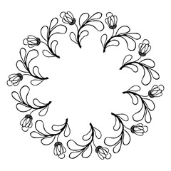 Floral round frame, black and white hand drawing. 