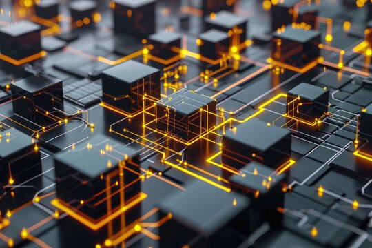 A photo showing a vast collection of black and yellow cubes arranged in an organized manner, A 3D model of various interconnected blocks, symbolizing a blockchain database, AI Generated