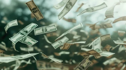 Fotobehang Dollar bills falling in slow motion against a computer-generated background. © OLGA