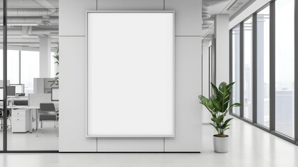 Corporate brand mockup with modern office background showcasing a white blank frame.