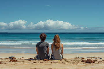 a couple, a man and a woman, as they sit side-by-side on a sandy beach during their vacation