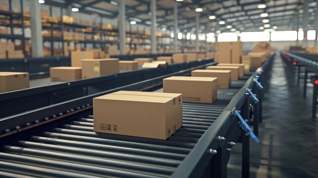 Warehouse distribution with a row of cardboard boxes for e-commerce and automated logistics, as a wide banner with space for text.