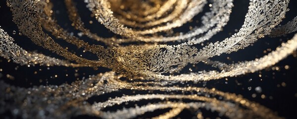 a close up of a gold and silver swirl on a black background