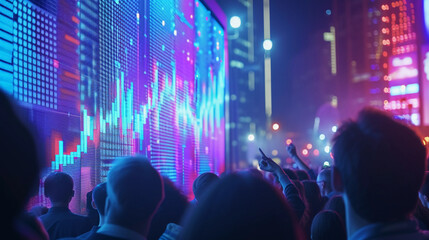 successful IPO launch, with vibrant, dynamic graphs showing stock prices soaring, surrounded by a crowd of business professionals cheering, capturing the expressions of joy and success