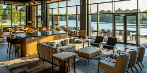 Fototapeta premium luxurious corporate retreat location, symbolizing a top-tier incentive for employees, featuring a serene lakeside view with modern amenities and relaxed professionals