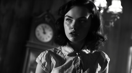 In a 1960s horror film, a lovely young woman with a anxious expression is ensnared in a haunted house filled with ticking clocks - obrazy, fototapety, plakaty