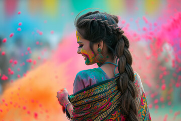 Happy young Indian woman with long braid celebrates Holi Festival. - obrazy, fototapety, plakaty