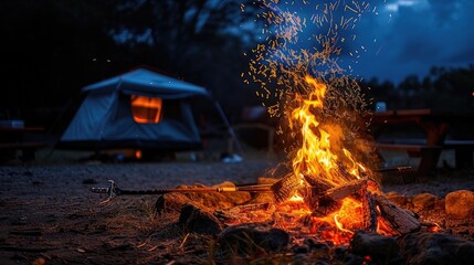 Flaming sparks illuminate a campfire amidst the darkness of the night.