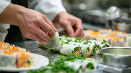 Obraz na płótnie Canvas Chefs experimenting with innovative and unique egg roll recipes