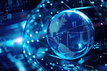 Obraz premium A photo featuring a globe in blue and black colors, with lines and dots forming a visual pattern around it, A blue globe encased in a network shield, AI Generated