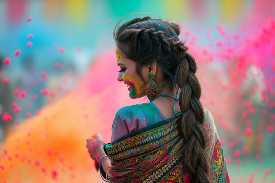 Happy young Indian woman with long braid celebrates Holi Festival.