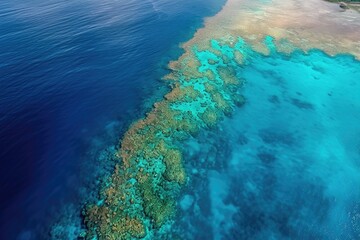 Fototapeta premium This photo provides an aerial perspective of a vibrant coral reef ecosystem teeming with marine life, A bird's eye view of the Great Barrier Reef, AI Generated