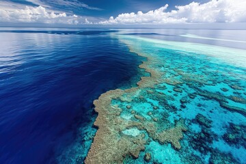 This aerial photograph captures the vibrant and diverse coral reef ecosystem thriving in the ocean, A bird's eye view of the Great Barrier Reef, AI Generated